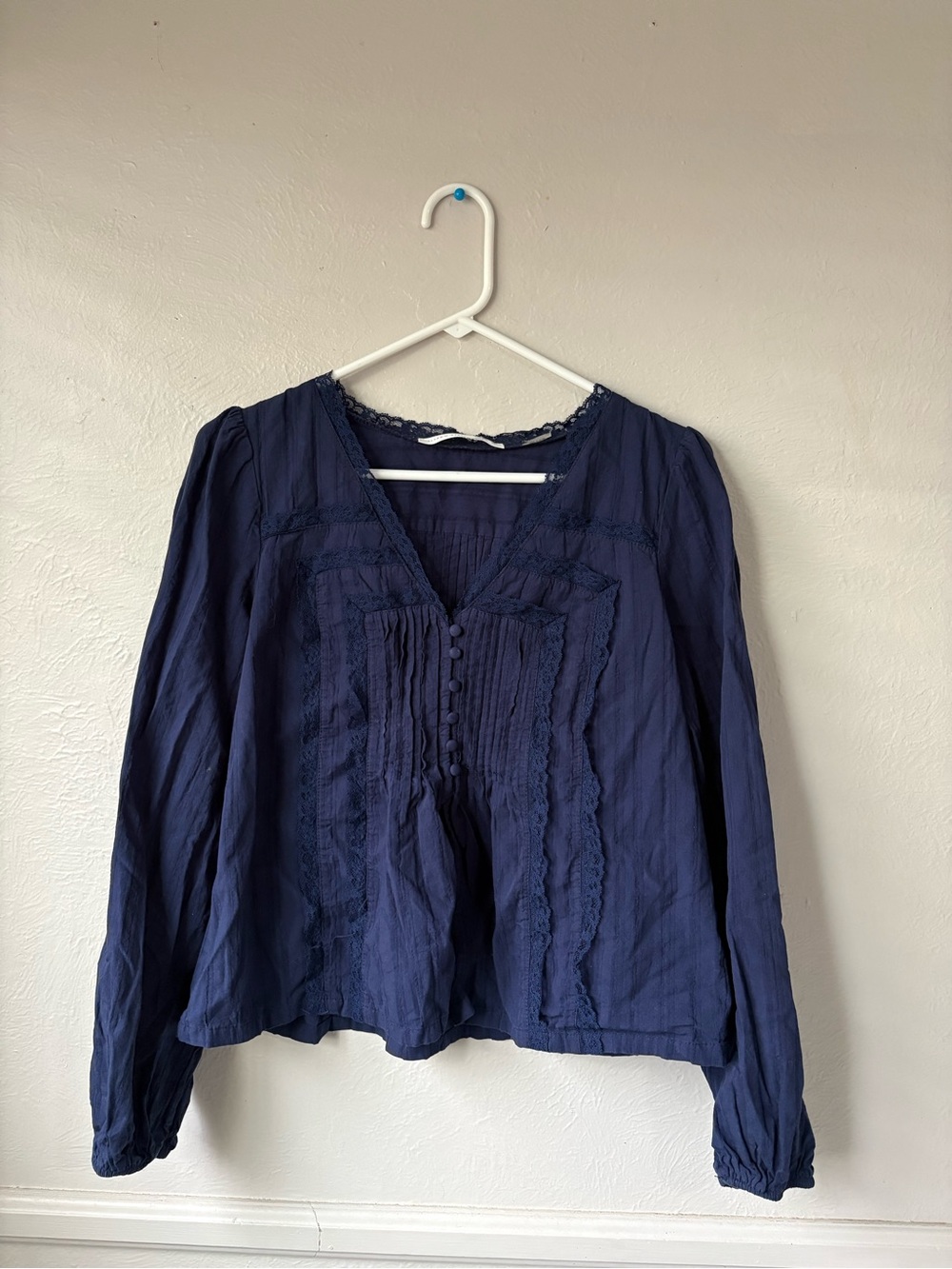 Altar'd State Navy Long Sleeve V-Neck Button Front Blouse